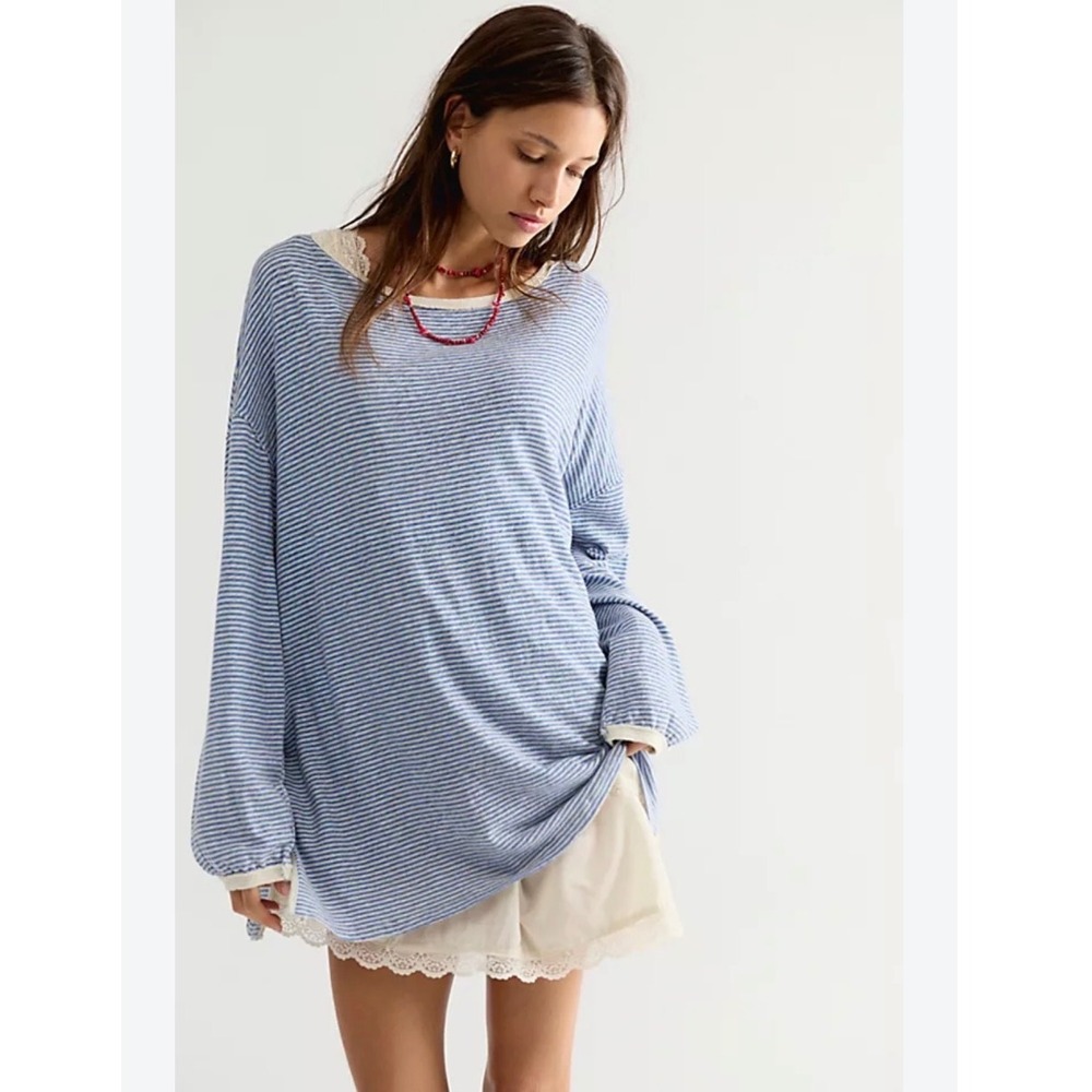 We The Free Free People Blue White Striped Long Sleeve Oversized Top Small